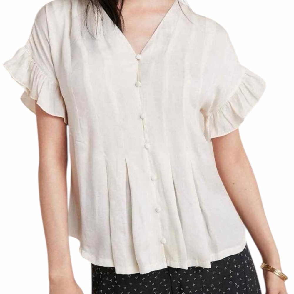 Anthropologie Dolan "Mitzie" Cream Pleated Ruffle Sleeve Blouse XS
